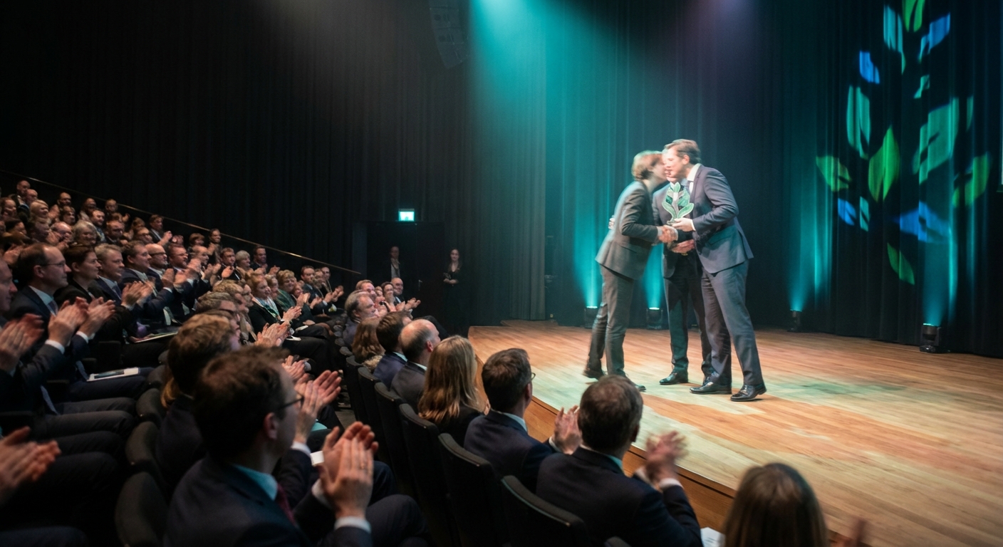 Escena de premiación en congreso ambiental, estética editorial