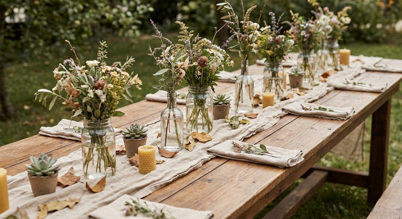 Decoración sostenible con flores, estética ambiental