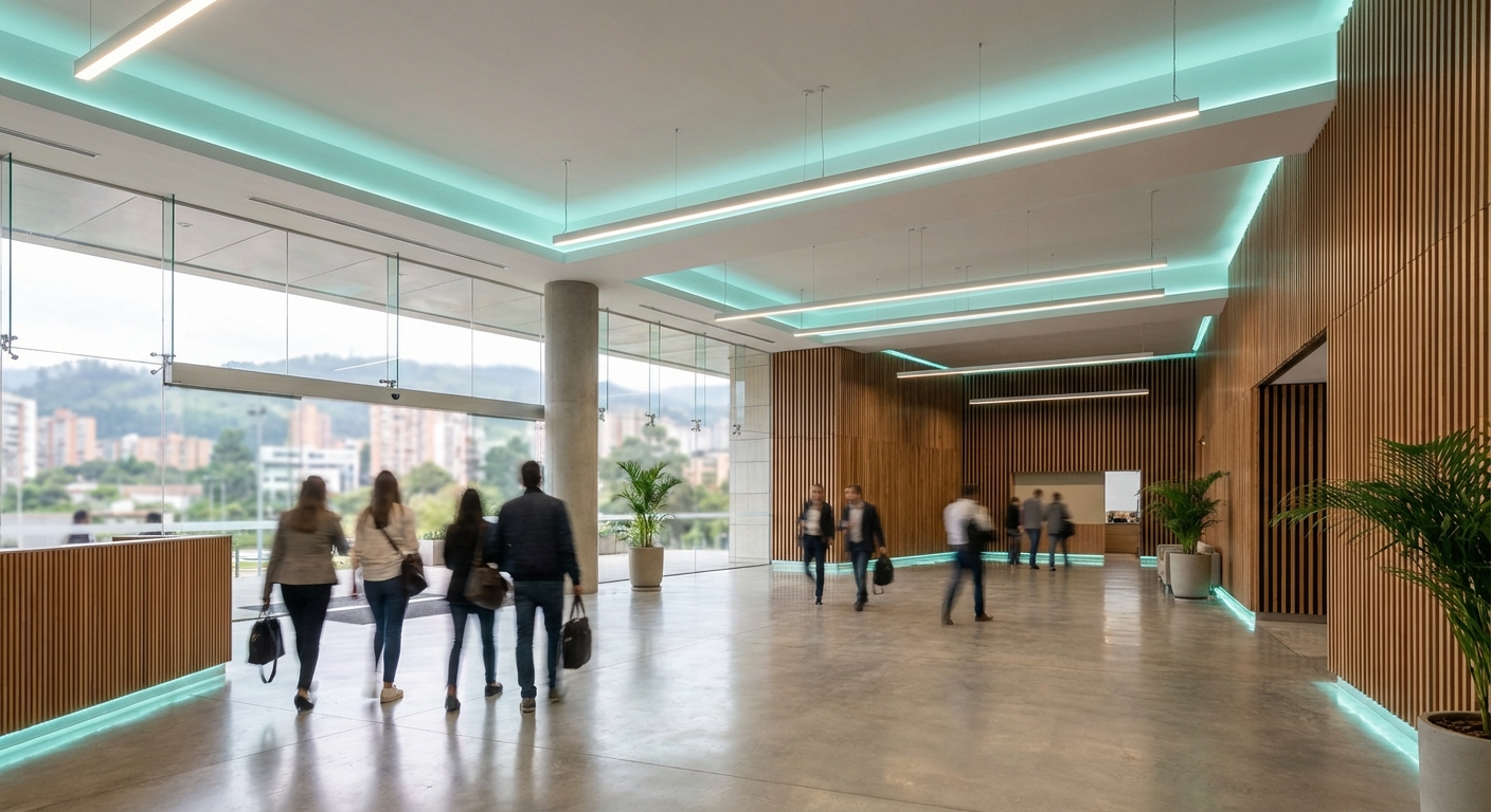 Lobby moderno de venue, estética editorial