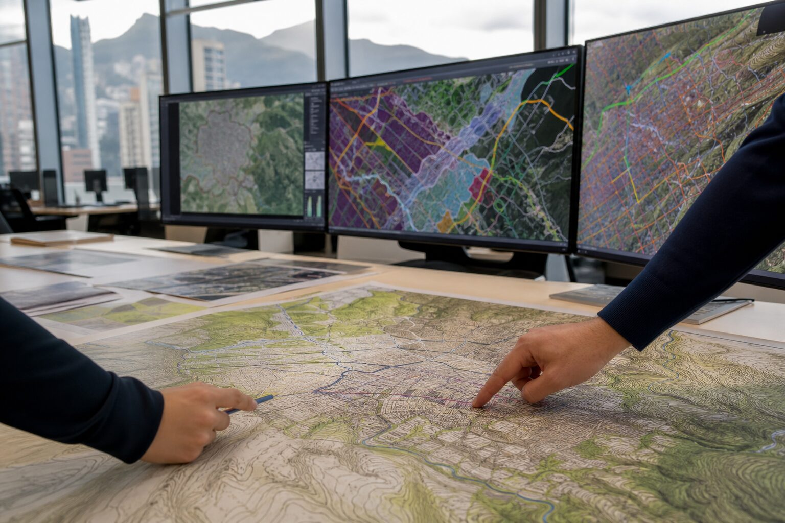 Mesa de trabajo con cartografía digital y monitores con capas SIG