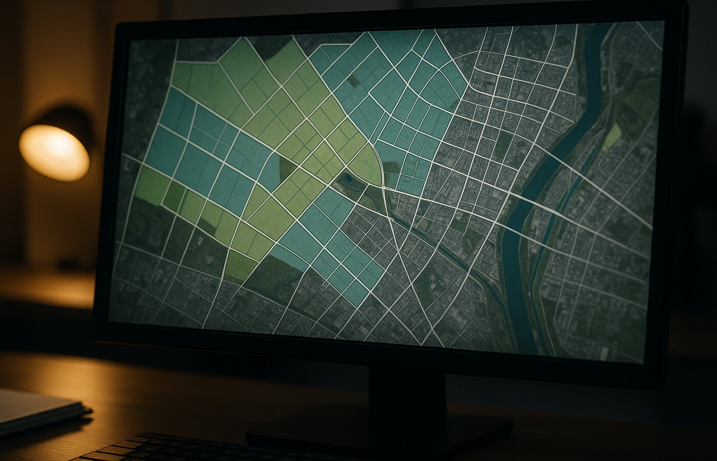 Pantalla de aplicación SIG mostrando capas urbanas superpuestas