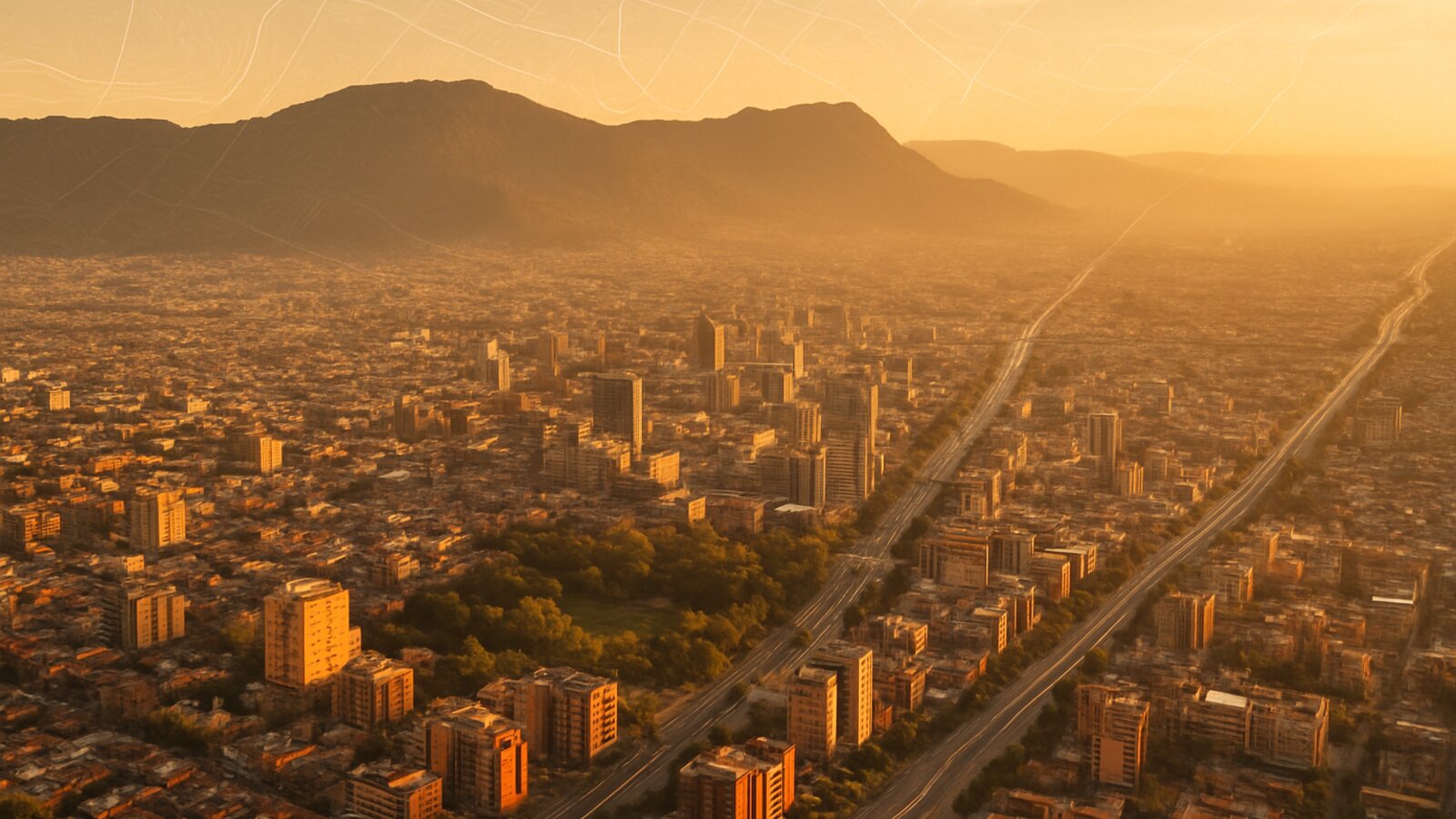 Vista aérea de Bogotá con superposición cartográfica vectorial